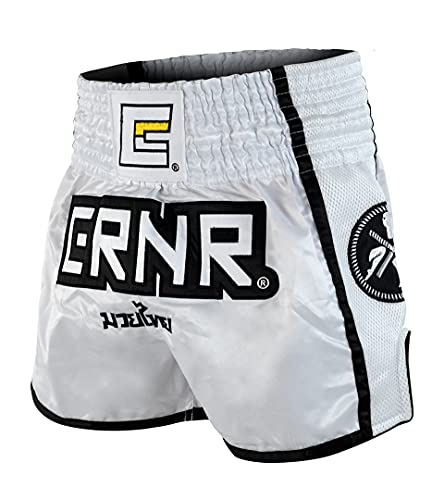 CRNR Muay Thai Shorts | Kickboxing Thai Boxing MMA Training Competition Athletic Shorts | White/Black | Youth Small