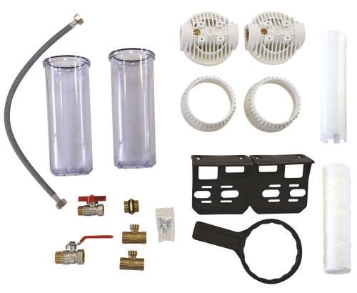AQUAWATER - Station Filtre Double Anti-Tartre Avec By-Pass - Ø9''3/4 - Équerre De Fixation Et Clé De Desserrage Incluses - Blanc - Débit Max 1,5 m3/h - Pression Max 4 Bar