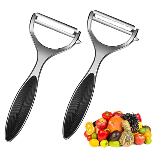 Mecmbj 2 Piezas Pelador de Patatas Manual, Pelador de Verduras de Acero Inoxidable Multifunción Filo Recto/Dentado Pelador Frutas con Mango Antideslizante para Tomates Zanahoria Manzanas
