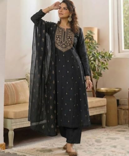Image of ANNI Designer Women's Viscose Straight Printed Embroidery Kurta with Pant & Dupatta | Long Sleeve Ethnic Kurta Set for Women | Casual Office, Daily, Party Outfits
