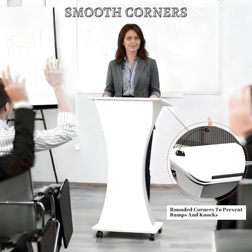 Image of Portable Rolling Wooden Podium Stand with Lockable Wheels, 42.5 inch Height, Lightweight White Lectern for Churches, Presentations & Events, Mobile Pulpit for Easy Use