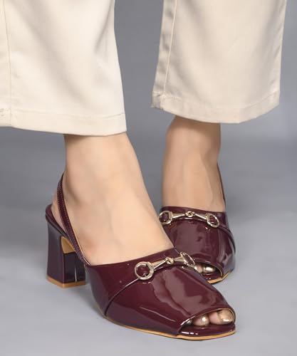 Image of JM LOOKS Sophisticated Patent Finish Block Heel Sandals with Elegant Metallic Horsebit Detail and Secure Slingback Strap