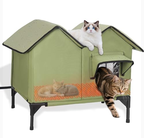 Large Heated Cat House for Outside in Winter, Elevated Insulated Heated Outdoor Cat House Weatherproof with Heating Pad, Waterproof Outdoor Cat Shelter for Multiple Cats Small Dogs(Green)