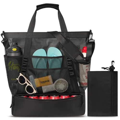 Large Beach Bag with Cooler Mesh Beach Tote for Women Insulated Pool Bag