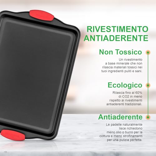 NutriChef Set 3 Teglie da Forno Antiaderente, Acciaio al Carbonio con Rivestimento Grigio, Maniglie in Silicone Rosso, 4.5 Litri, Nero - immagine 5