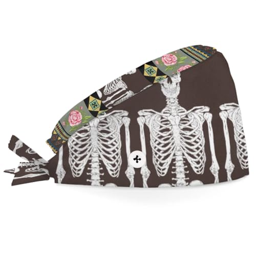 Mularoka Rosette Skull Man Vintage Working Caps with Button Sweatband Comfortable Adjustable Bouffant Hats Work Hat for Women Men