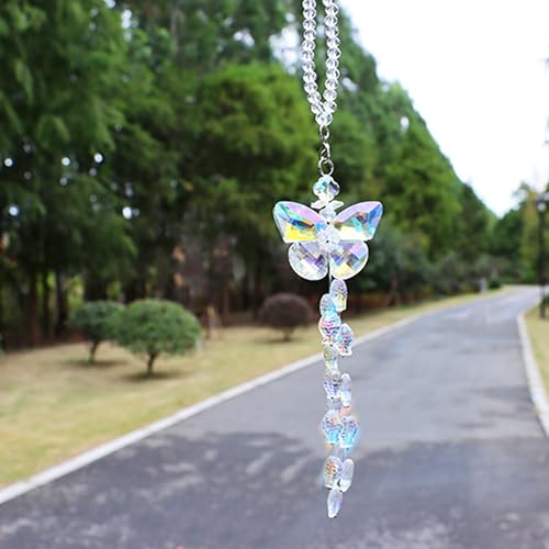 Image of Crystal Butterfly Car Rear View Mirror Hanging Ornament Lucky Butterfly with Fishes Tassel Bead Sun Catcher Pendant Car Interior Decoration Accessories