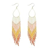 Samiyack Oval Hoop Long Beaded Dangle Earrings, Seed Bead Big Large Beaded Tassel Drop Earrings for Women (Orange)