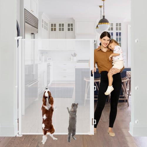 60 Inch Extra Tall Pet Gate Retractable Baby Gate - No Jumping Over, Extends to 55' Wide Retractable Gate Outdoor Indoor Cat Barrier, 5ft Tall Dog Gates for Doorways, Stairs, White