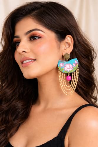 Image of KHOJ.CITY Ethnic Earrings for Women | Lightweight, Hand-Painted Chandbali with Pearl Chain | Handmade Jewellery for Women | Boho Earrings For Girls