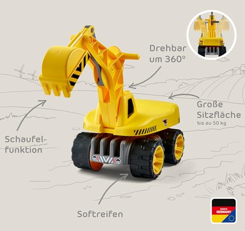 BIG - Power-Worker Maxi-Digger - Kinderfahrzeug, geeignet als Sandspielzeug und für das Kinderzimmer, Baggerfahrzeug zum Sitzen bis 50 kg, für Kinder ab 3 Jahren, Gelb