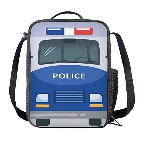 SEANATIVE Kids Boys Lunch Box Cartoon Police Car Print Soft Reusable Durable Lunchbox Tote Cooler Bag with Bottle Holder for School