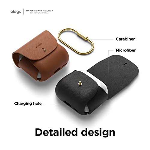 Image of elago Leather Case with Keychain Compatible with AirPods 3 Case, Natural Cowhide Leather Case with Brass Ring Holder, Supports Wireless Charging (Black)