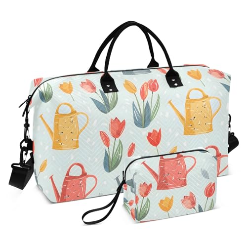 Weekender Bags Travel Duffel Gym Bag Watering Cans Tulips Spring Carry on Overnight Tote Bag with Toiletry Bag for Airplane Travel Trip Gym Yoga