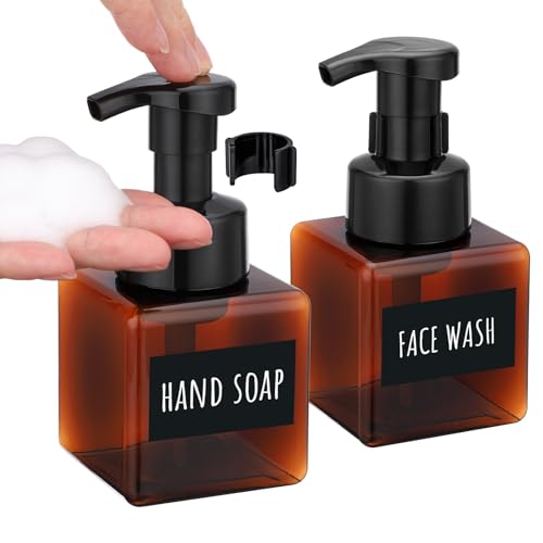 Image of Segbeauty 8.5oz Foam Amber Soap Dispenser Set, 2pcs Refillable Foaming Shampoo Bottle with Pump, 250ml Square Bathroom Body Wash Bottles Foamer with Labels, Small Plastic Liquid Soap Dispenser Kitchen
