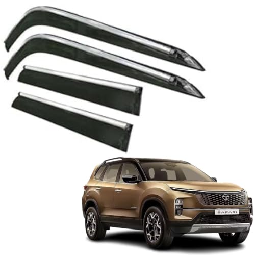 Image of CAR SAAZ Side Door Visors for Safari (2024-Present)(Set of 4Pcs)|Smoke Finish Chrome Lined Rain Guards, Polycarbonate