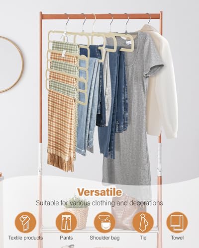 Image of 10 Pack Velvet Pants Hangers Space Saving, Non Slip 2-Layer Hanger (Beige) | Heavy Duty Flocked Trouser Hangers,pants organizer for closet with Swivel Hook, Felt Jean Hangers for Women and Men
