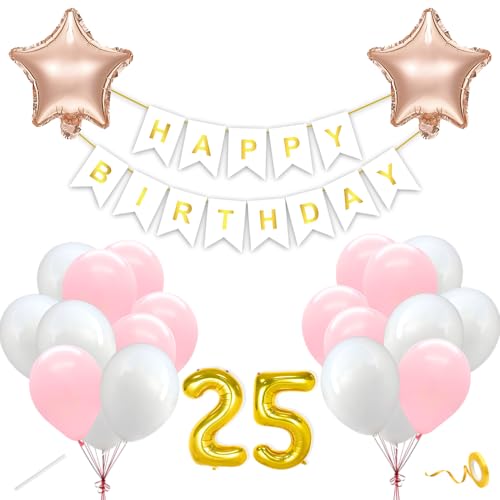 Image of Flyloons 25th Happy Birthday Decoration Kit Pink White for Boys Girls Kids Twins Men Women With 20 Pcs Pastel Balloons Birthday Banner 2 Pcs Star Items Set