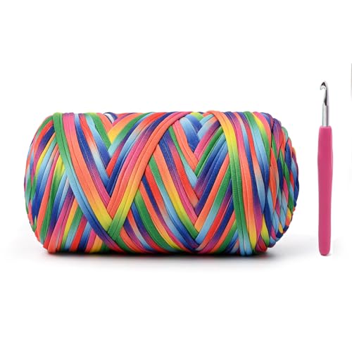 Image of Soft Tshirt Crochet Yarn, 400g /114yds High Elastic Hand Knitting Yarns, Thick T Shirt Yarn for Crocheting Bags, Baskets, Cushions, DIY Crafts(Rainbow)