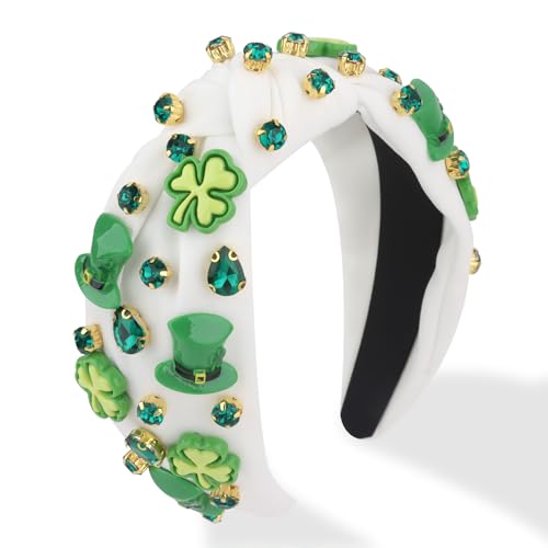 Casoty St.Patricks Day Headband for Women - White Knotted Headband with Rhinestone Shamrock Lucky Leaf Elastic Wide Hair Hoop Hair Accessories for Party Daily Wear Gift
