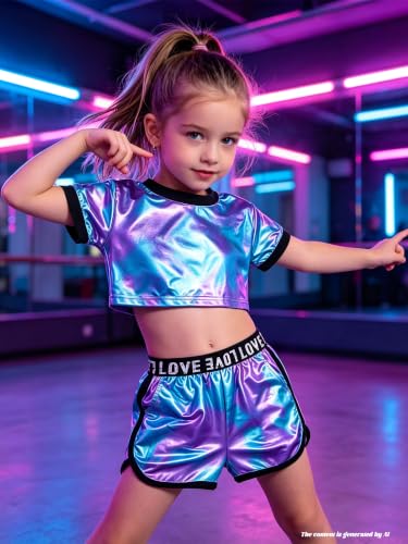 Image of Betusline Girls Summer 2 Piece Outfits,Kids Short Sleeve Crop Top & Shorts Set with Side Pockets