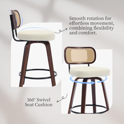 Image of Swivel Counter Height Bar Stools Set of 4, 26 inch Bar Chairs with Curved Rattan Back, Upholstered PU Leather, Walnut Craftsmanship, Mid Century Modern Counter Stools for Kitchen Counter, Beige