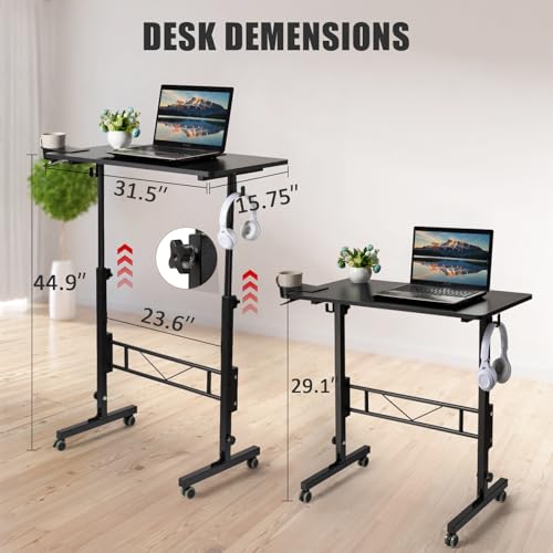 Image of SIDUCAL Standing Desk Adjustable Height, Small Mobile Table with Wheels, Rolling Desk for Standing or Sitting, Portable Computer Desk for Walking Pad, Black