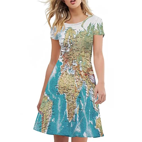 Image of POLERO Women Puffy Swing Elegant Party Midi Dresses Short Sleeve Round Neck A-Line Dress