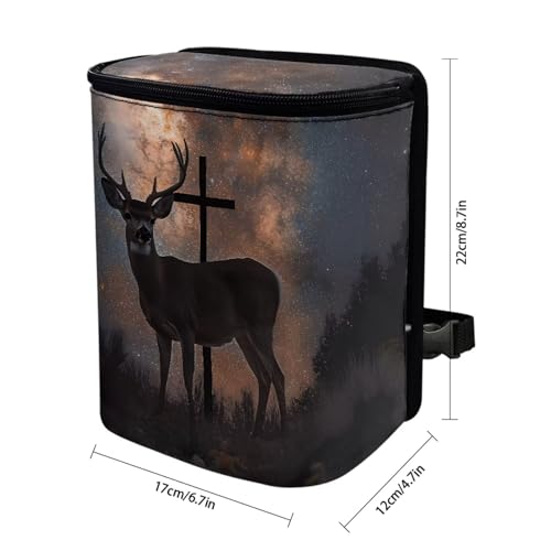 Image of Talayituse Galaxy Deer Cross Print Car Trash Bin, Large Size Auto Trash Can Adjustable Portable Garbage Can with Lid, Vehicle Hanging Bag for Headrest Front Back Seat