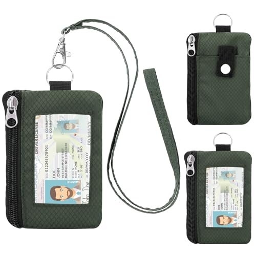 Image of Minimalist RFID Wallet with Lanyard, Multi-Functional ID Case with 2 Zipper Pockets and Key Chain for Men and Women, Tactical Badge Pouch Cards Holder, Coin Purse for Travel Sports-Green
