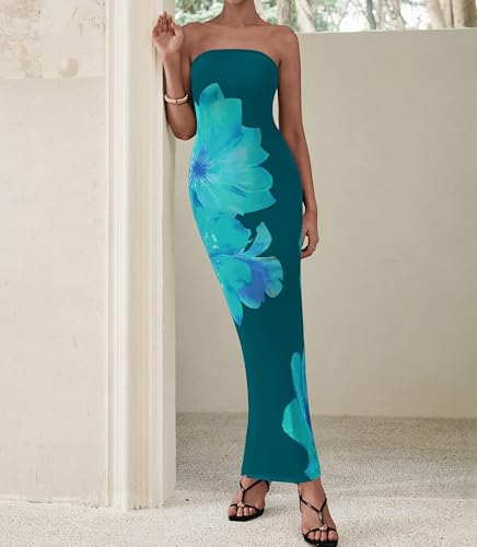 Image of PRETTYGARDEN Women Summer Strapless Maxi Dress Bodycon Floral Sexy Long Wedding Guest Dress Formal Tube Mesh Cocktail Dresses