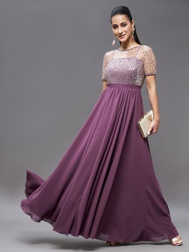 Image of Miss Chase Women's Round Neck Sleeve Embellished Fit Flare Maxi Dress