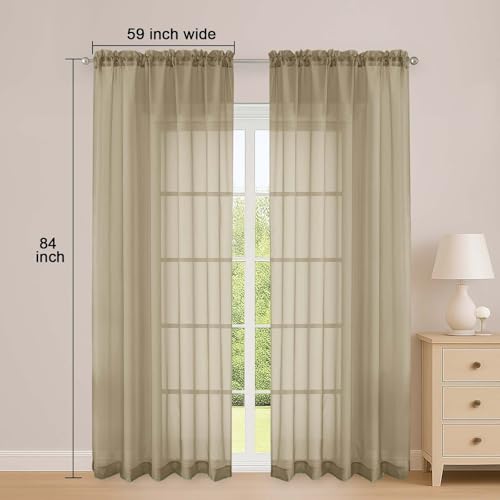 Image of OWENIE Sheer Curtains 84 Inches Long 2 Panels Set, Sheer Taupe Curtains for Living Room Bedroom 59 Inch Extra Wide, Modern Voile Filmy Rod Pocket Drapes, 2 Pcs, Each 59 W x 84L, Taupe