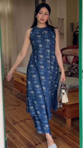 Image of GoSriKi Viscose Printed Straight Kurta with Pant for Women | Viscose Blue | Sleeveless | High Neck | Ethnic Wear Casual Wear