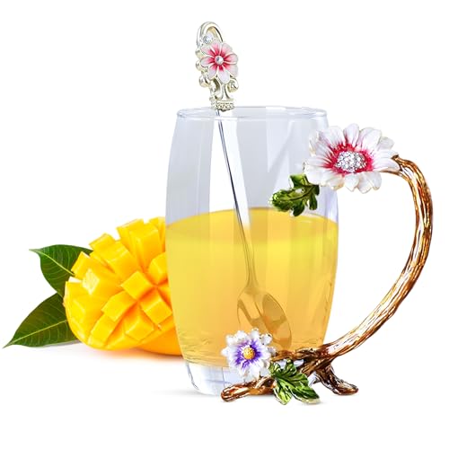 The Pure Embrace Flower Glass Tea/Coffee Cup, Gift for Mom, Birthday Gift for Women, Lead-Free Enamel Glass with Spoon & Lid