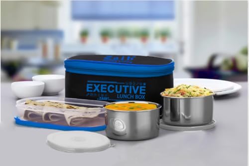 Image of Zaib Stainless Steel Lunch Box for Kids with Insulated Carry Bag | 3 Containers: 2x350ml + 1x400ml Rice Bowl | Durable, Leak-Proof & BPA-Free Tiffin Box for School, Travel & Picnics (Executive 2+1)