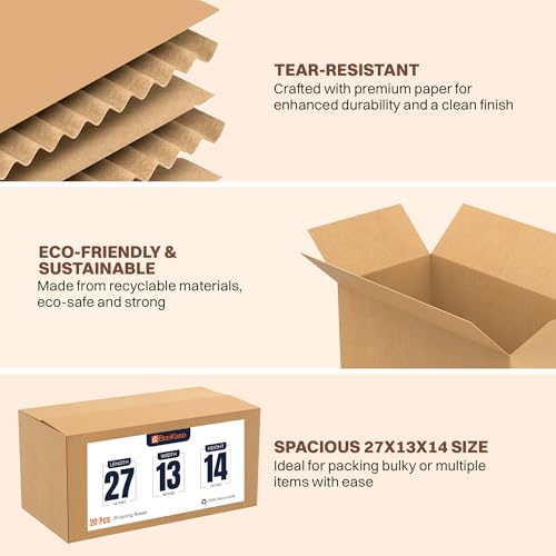 Image of BonKaso 5 Ply Corrugated Boxes for Packaging | 27 inchx13 inchx14 inch (Pack of 20) | Strong Brown Carton Box for Packing | Shipping | Home Shifting | Parcel | Courier & Goods Transportation