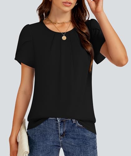 Funlingo Womens Tops Dressy Casual Summer Tunic Chiffon Blouse Pleated Front Crew Neck Shirts Loose Fit Business Flowy Top2