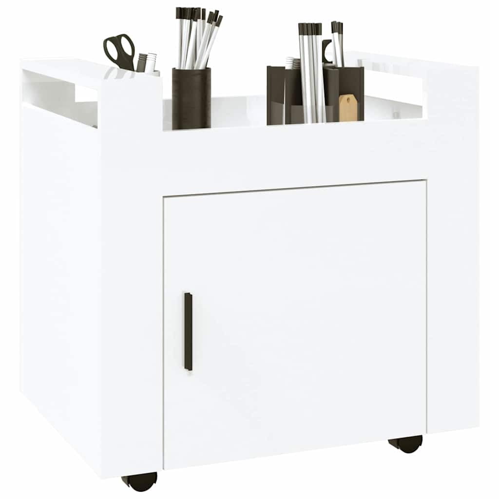 Carrello da ufficio con ruote, bianco lucido, 60 x 45 x 60 cm, mobile con porta, carrello per ufficio e studio