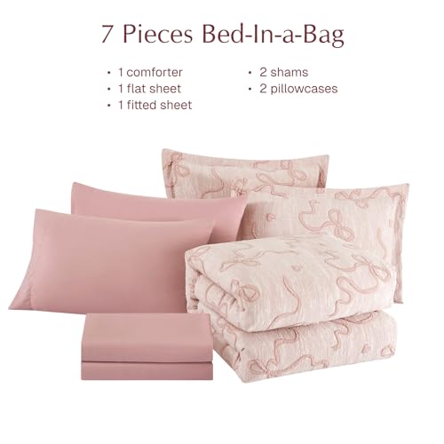 Image of Queen Comforter Set - 7 Pieces Pink Bedding Set Bow Jacquard Bed in a Bag | Cottage Core Bedding Sets for Girls, All Season Queen Bed Set with Comforter, Sheets, Pillowcases & Shams