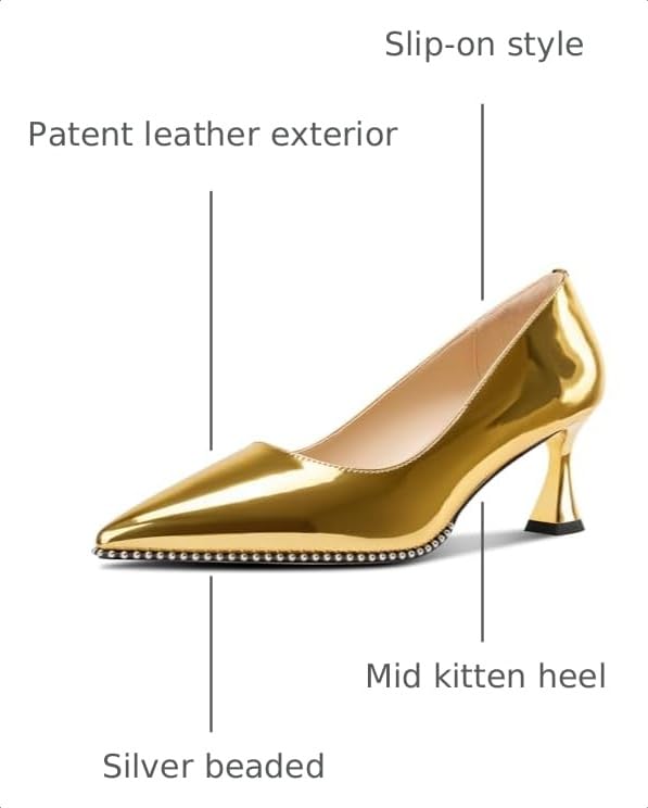 Image of TNYNFBEB Womens Mid Kitten Heel Pointed Toe Pumps Slip-on Silver Beaded Prom Party Dress Patent Leather 2.6 Inches Heels