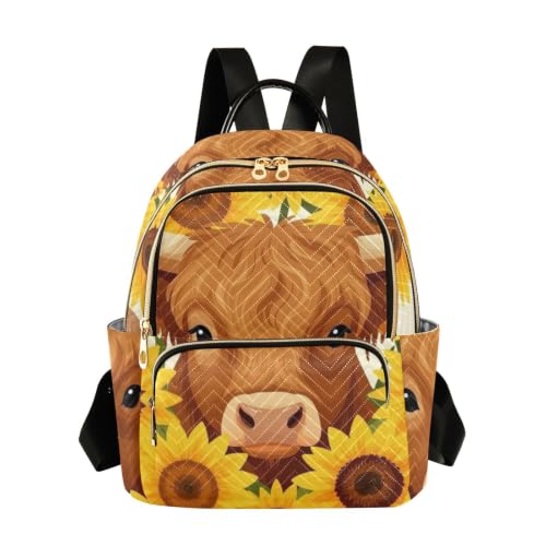 Sac à dos quotidien Wudan marron au motif vache et tournesols