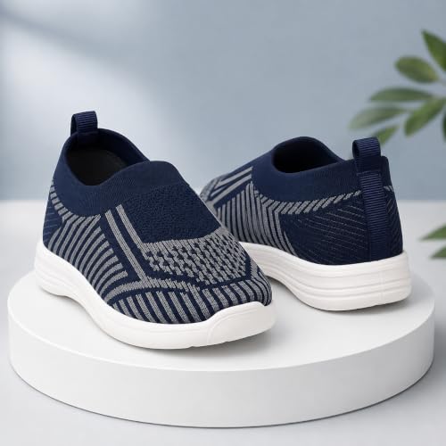 Image of Slip-On Knit Sneakers, Navy Blue, Lightweight Walking Shoes, White Sole