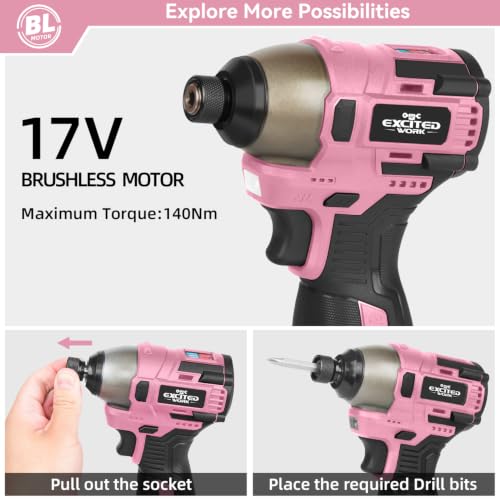 Image of 17V Brushless Screwdriver, 140Nm Cordless Impact Driver Set with 3 Adjustable Speed, 2 Batteries and Led Work Light (Pink)
