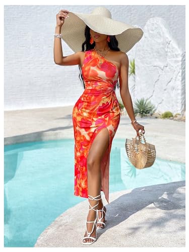 Floerns Women's Floral Print One Shoulder Drawstring Slit Hem Vacation Long Dress4