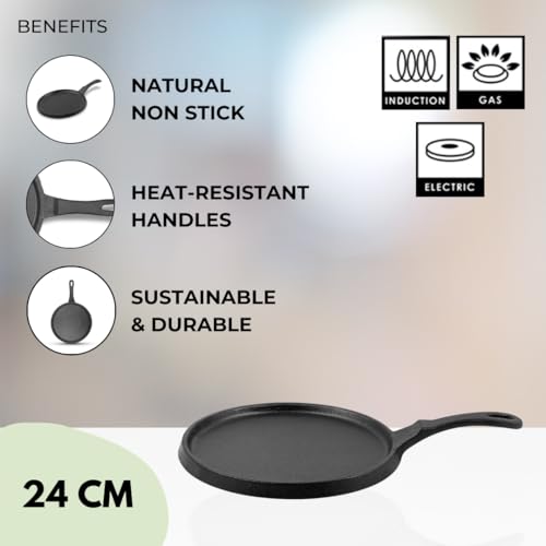 Image of Pencil Pre-Seasoned Cast Iron Shallow Pan 24 cm | Fry /Roasting Pan | Compatible with Gas Stoves & Induction | Naturally Nonstick | 100% Pure & Toxin-Free | No Chemical Coating | Long Lasting | Black