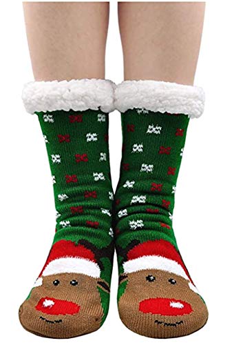 Women Slipper Socks Cute Animal Cozy Warm Winter Fuzzy House Sock with Gripper Christmas Socks (Green elk, Womens US Shoe Size:5-10)