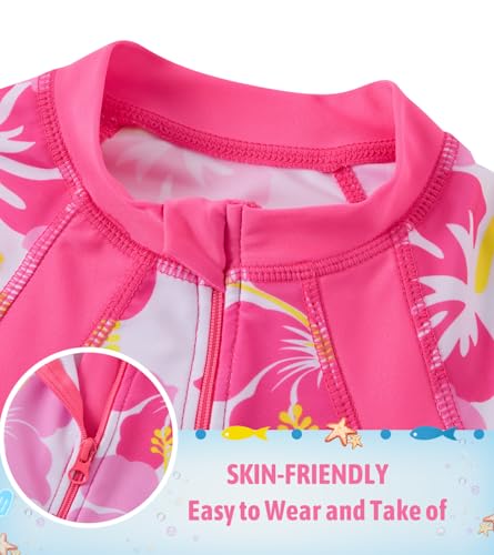 Image of Girls Long Sleeve Rashguard Half Zip Swimsuits UPF 50+ Two Piece Swim Sets with Hairband 5-12Y | Two Piece Swim Sets with Hairband