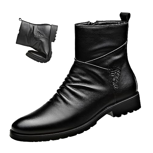 Keilinia Men's Black Leather High-top Dress Ankle Boot,2023 New Fall Winter Fashion Zip Plain Toe Business Casual Short Boots