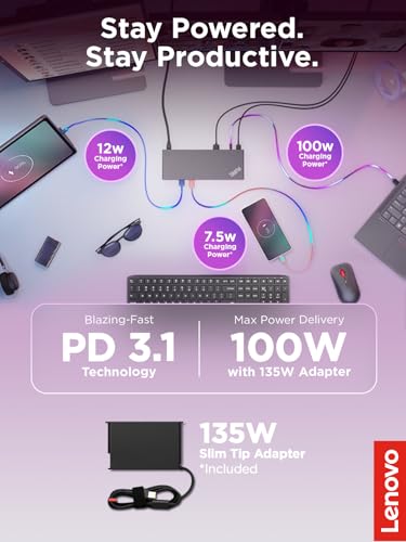 Image of Lenovo ThinkPad USB 4 Smart Dock 5500 w / 135W Adapter, Supports up to 4 Displays, 100W Power to Laptop, Integrated USB4 Cable, Eclipse Black